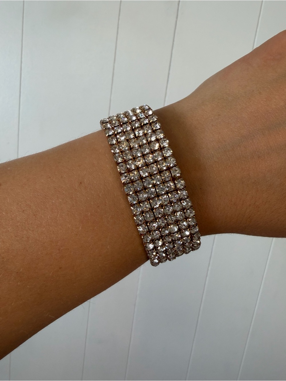 Vintage Clear Rhinestone Stretch Bracelet Silver Tone Wedding Prom Cocktail 80s